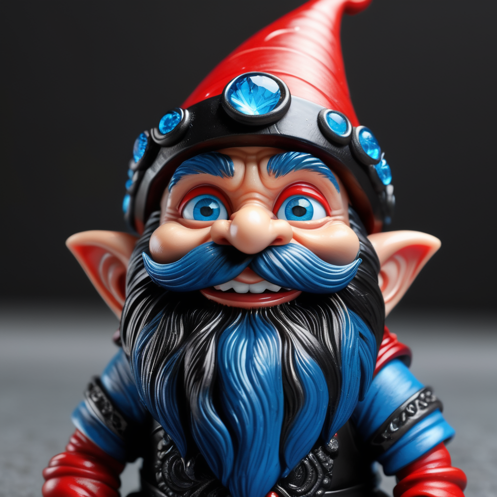 red and black gnome, blue eyed, black background, fantasy, fully detailed, festive, laughing