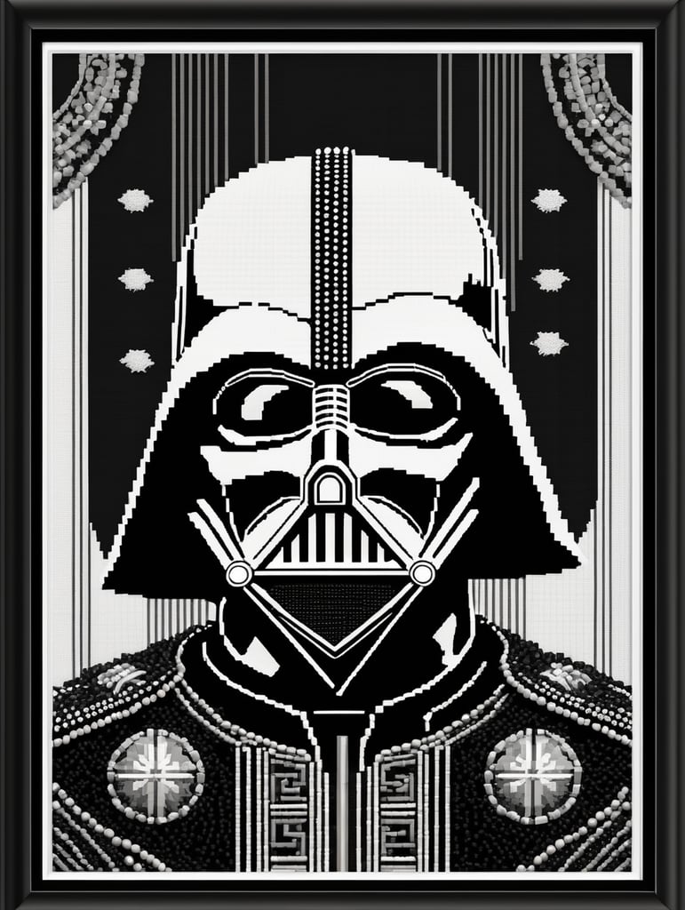 cross stitch pattern with Darth Vader in the style of fujifilm natura 1600, white and black, expressive comic panels, made of beads and yarn, craftcore, skillful, free brushwork