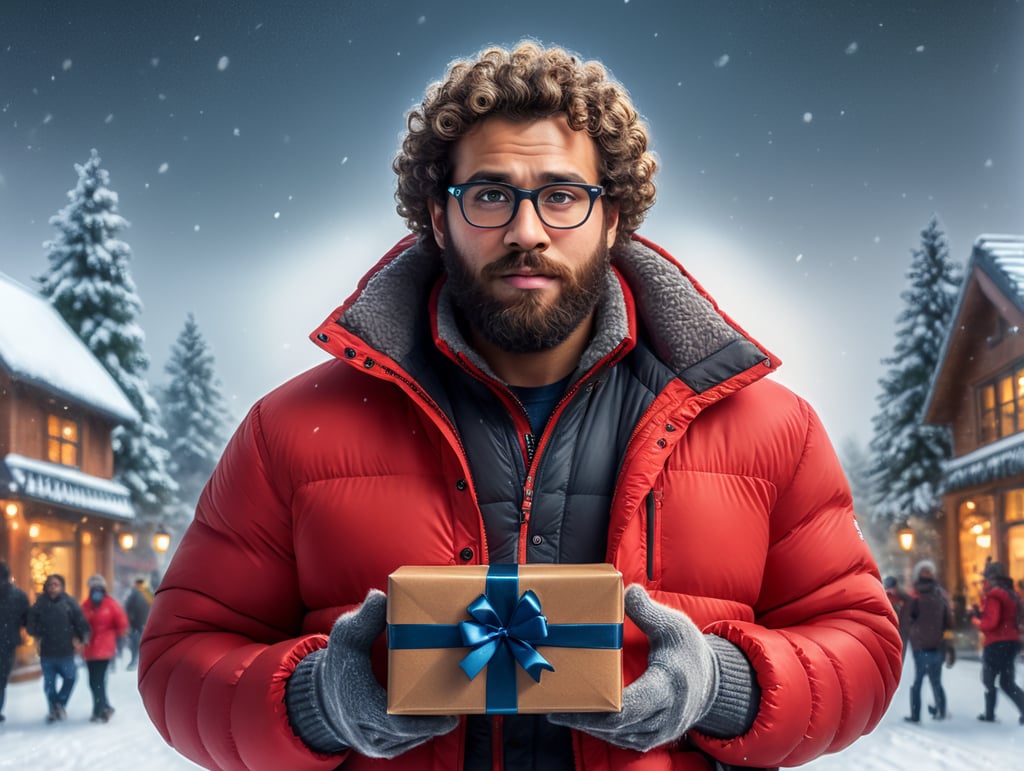 portrait of a bearded curly man wearing red puffer jacket, reeding glasses, stands front camera with gift box his hand, snowy weather, Christmas time, blurry background