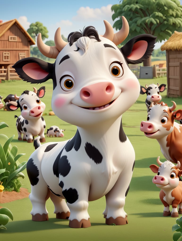 Small cow, farm background, sharp details, highly detailed, hyper-realistic