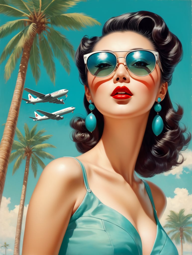 Pin up art, portrait, a chinese woman raised her head up, looks at the sky, sunglasses, one airplane flies in a clear sky and leaves a mark, summer, palms around, palms reflected on a sunglasses, turquoise shades, style by Gil Elvgren