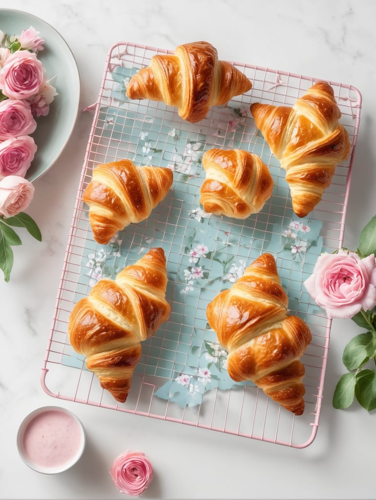 Cookbook photo, top - view, wire cooling rack, croissants, with a floral, allow, banner, pink and pastel blue, farmcore
