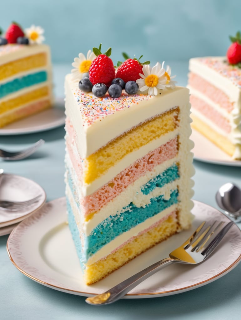 A slice of a delicious, frosted birthday cake with a decorative design