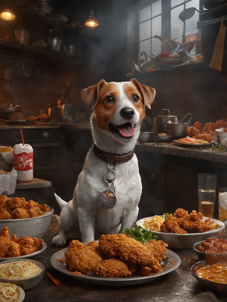 Jack Russell eats delicious fried chicken