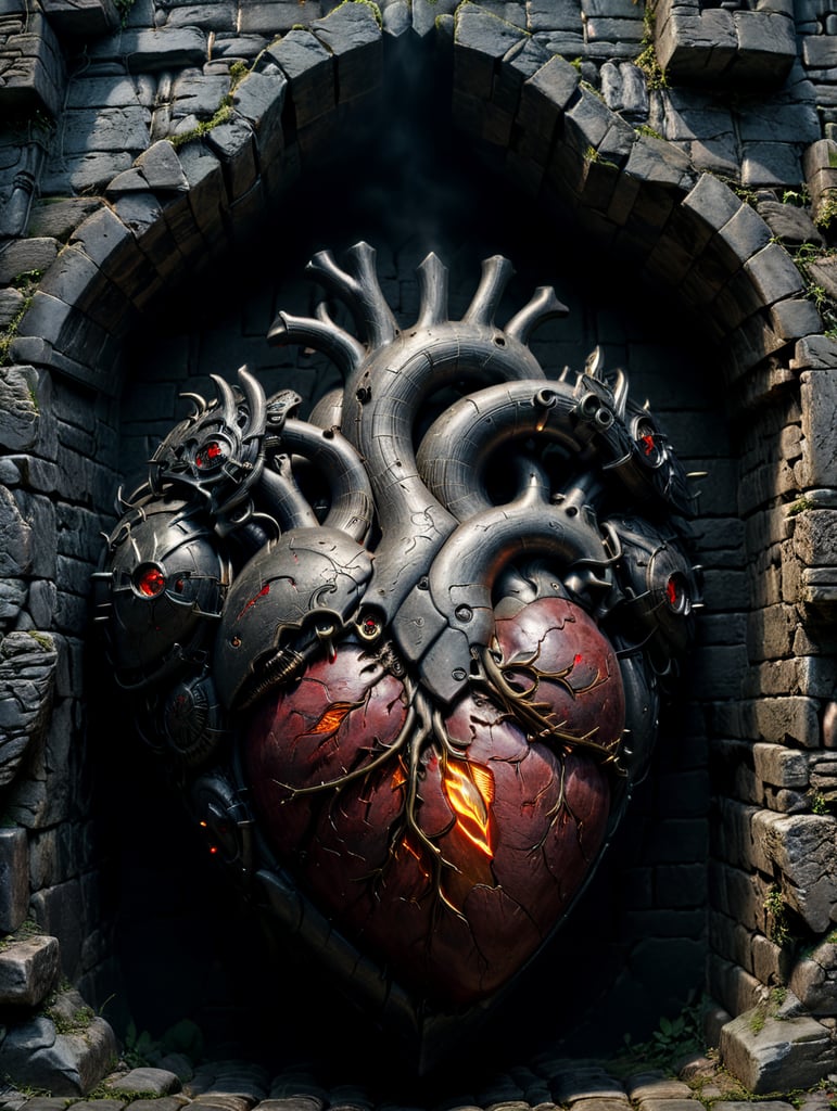 A stunning interpretation of a human heart surrounded by medieval walls,dark,