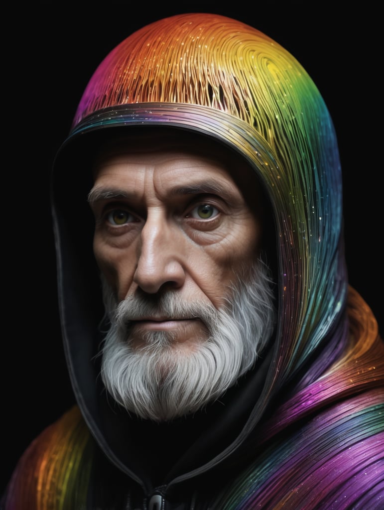 futuristic image of a hermit in rainbow colours on black background