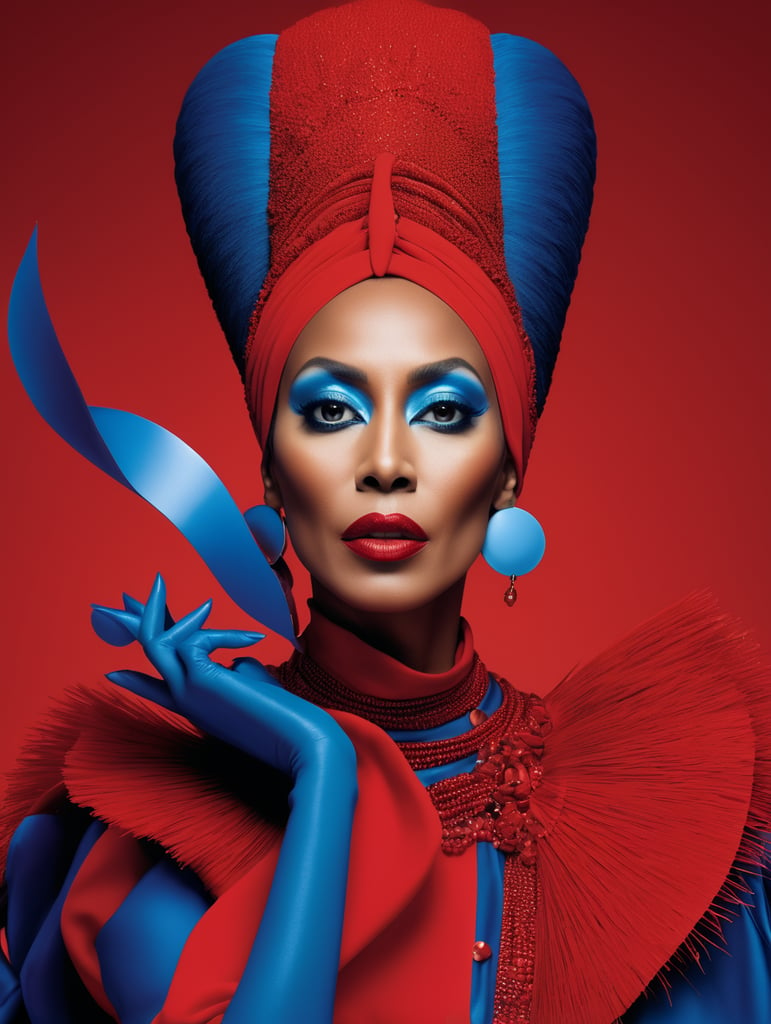 Donyale luna, avant-garde, simplygo, photoshoot spread, dressed in all red, blue background, harpers bizarre, cover, headshot, hyper realistic