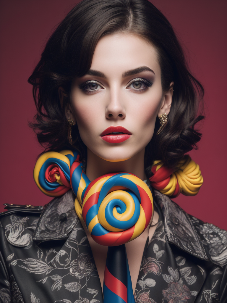 Photography of girl with a big twisted lollipop next to her lips, face closeup, beauty girl in the style of Mary Quant, Vivid saturated colors, Contrast color, studio photo, professional photo, Rich colors, Detailed image, detailed face