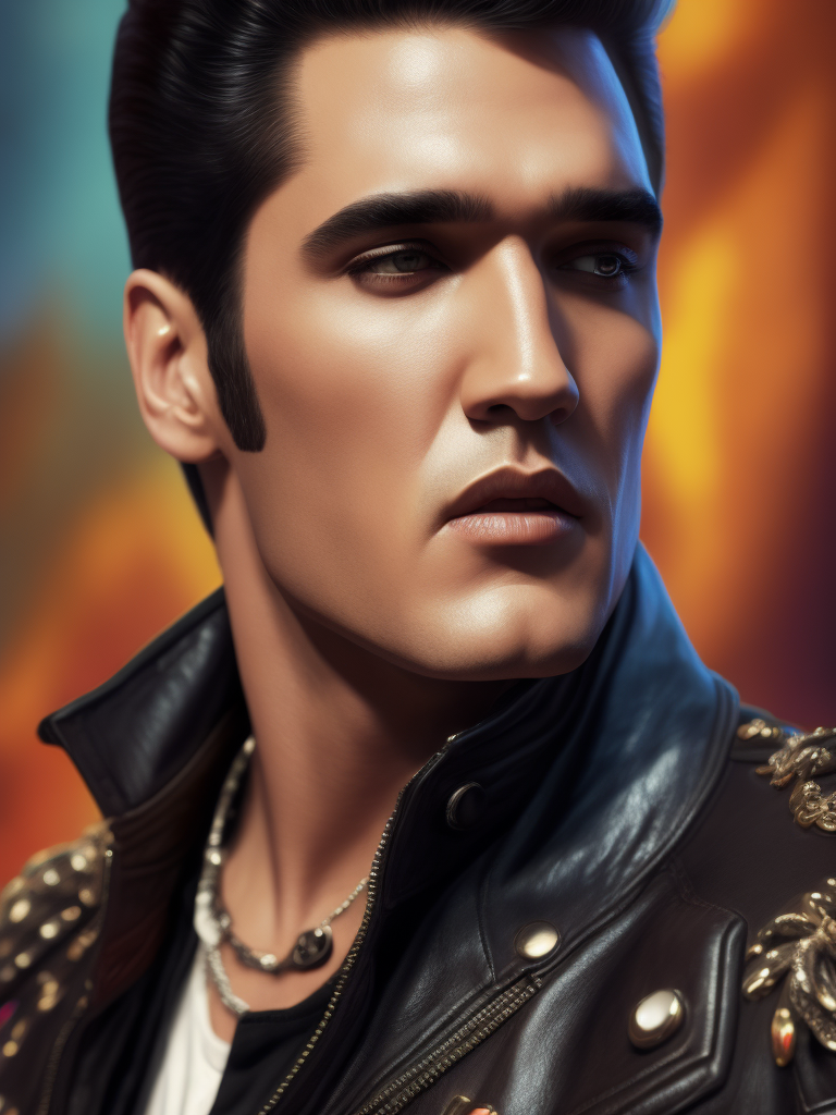 Portrait of Elvis Presley wearing a black leather jacket, studio photo, professional photo, Bright and rich colors, Detailed image, detailed face