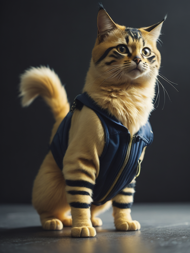 Photorealistic image of a Cat that looks like pikachu in a jumpsuit