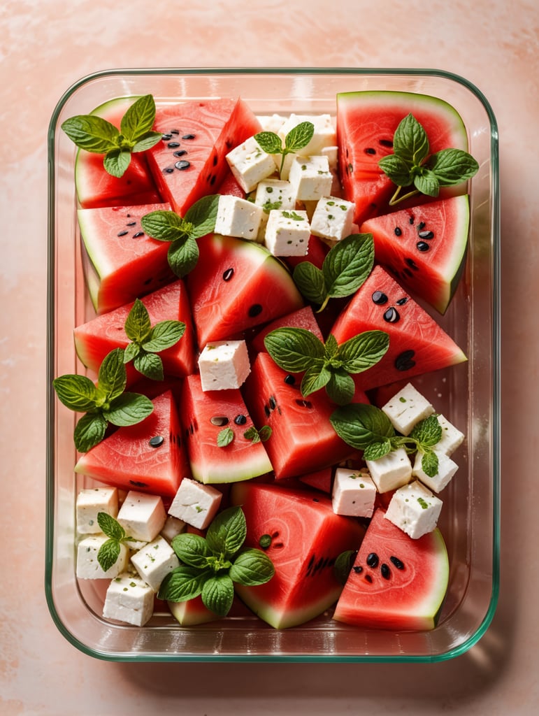 Watermelon Salad with Feta and Mint in a transparent plastic tray, top view, isolated, mockup