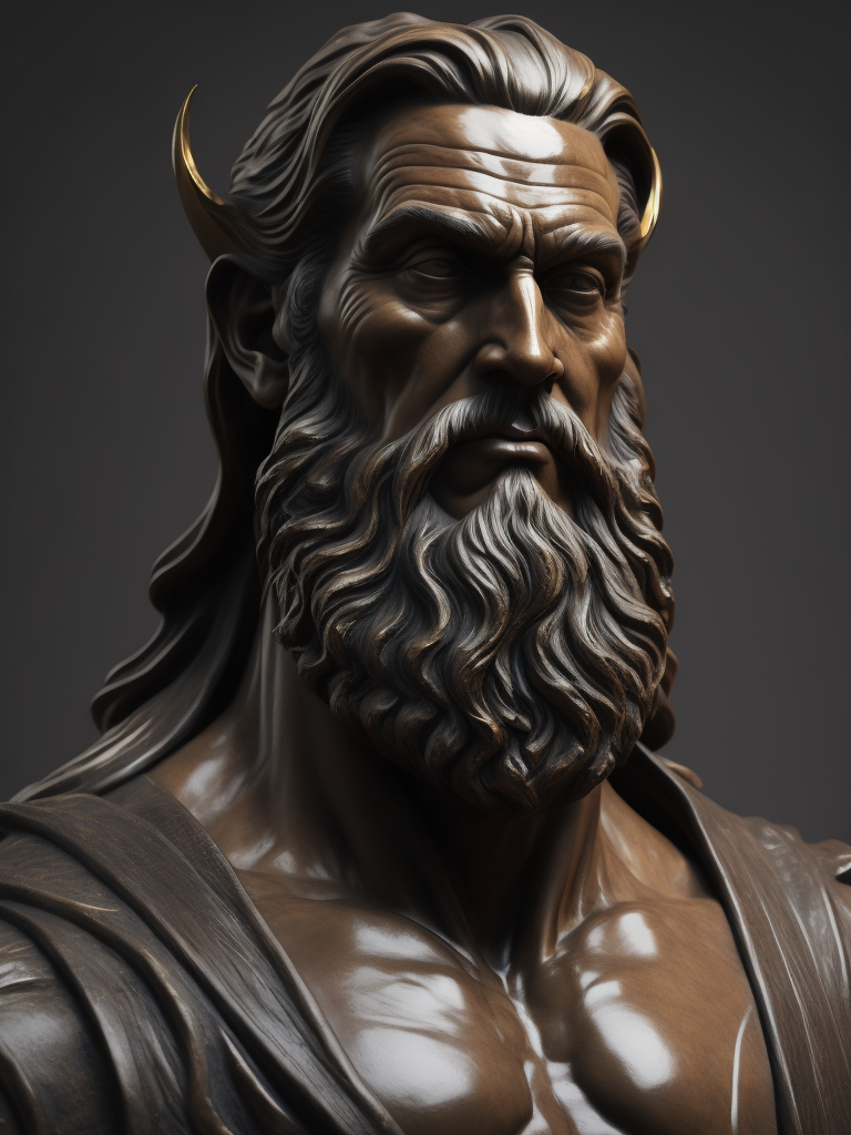 estatua de mármol oscuro zeus escultura detalles nítidos góticas estéticas mitología inspiradoras tonalidades oscuras iluminación dramática mármol obra maestra deidad legendaria impresión etérea