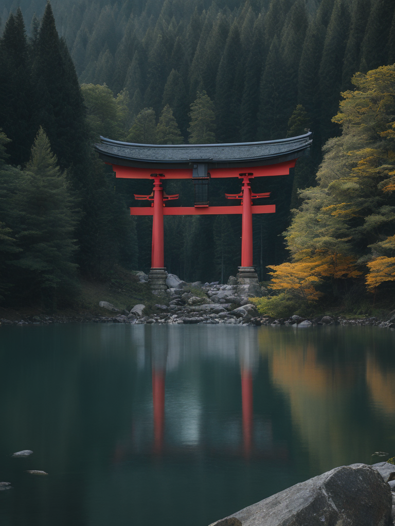 Red torii gate in middle of a lake, Dense forest on the edge of the lake, Bright and saturated colors, Japanese culture, photorealistic, contrast light