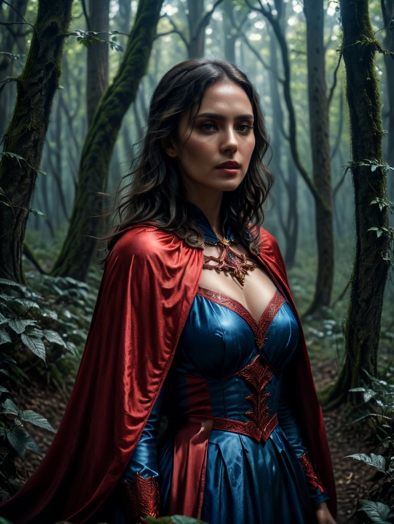 woman in a red cape and blue dress in a forest, portrait