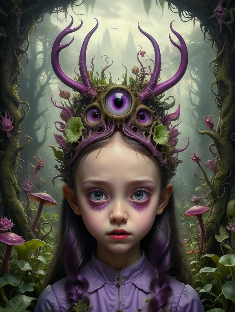 A haunting digital collage showcasing a surreal scene of a young girl with hollow eyes and antlers, surrounded by a garden of twisted, carnivorous plants, juxtaposing innocence with an underlying sense of danger in the style of Mark Ryden.purple vibe