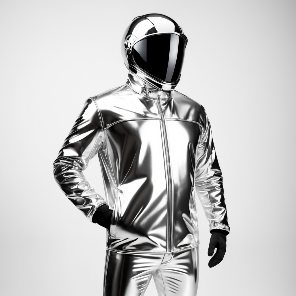 A realistic photo of a chrome shiny jacket on a invisible mannequin, coverall with reflective material, isolated, white background