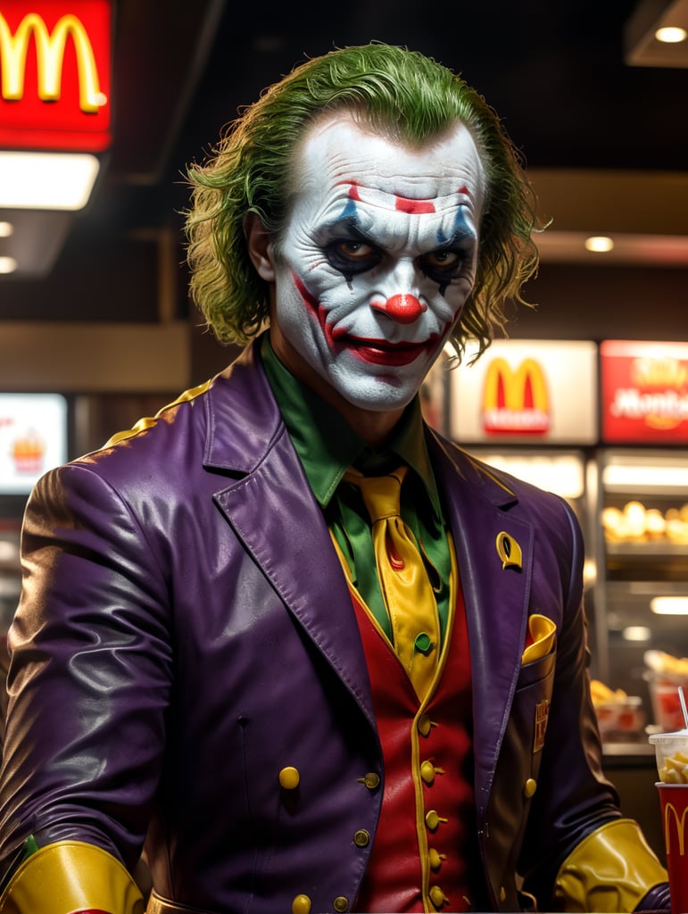 Joker in Ronald McDonald's costume working at McDonalds