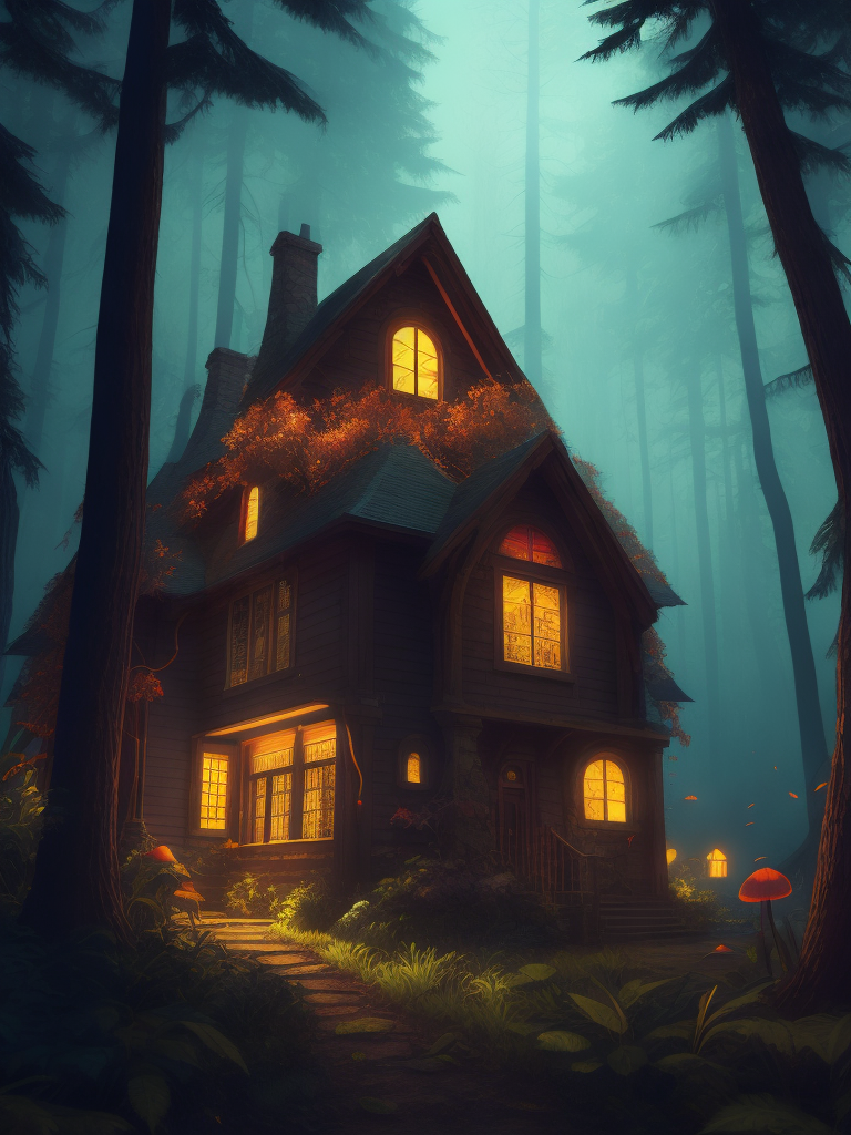 The house in the forest, dark night, leaves in the air, fluorescent mushrooms, animals, gibli, atey ghailan, lois van baarle, jesper ejsing, ernst haeckel, pop art patterns, exquisite lighting, clear focus, very coherent, very detailed, contrast, vibrant, digital painting