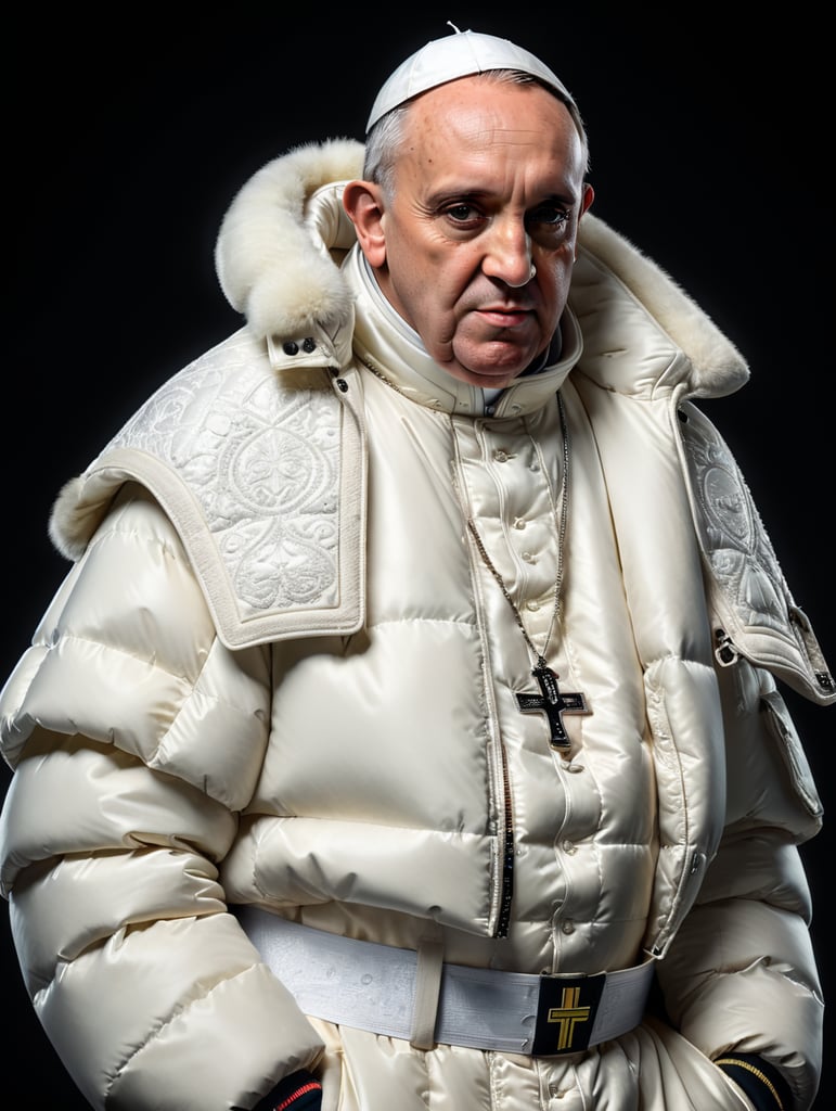 Professional photo glamour of Pope Francis looking stylish in a white puffer jacket