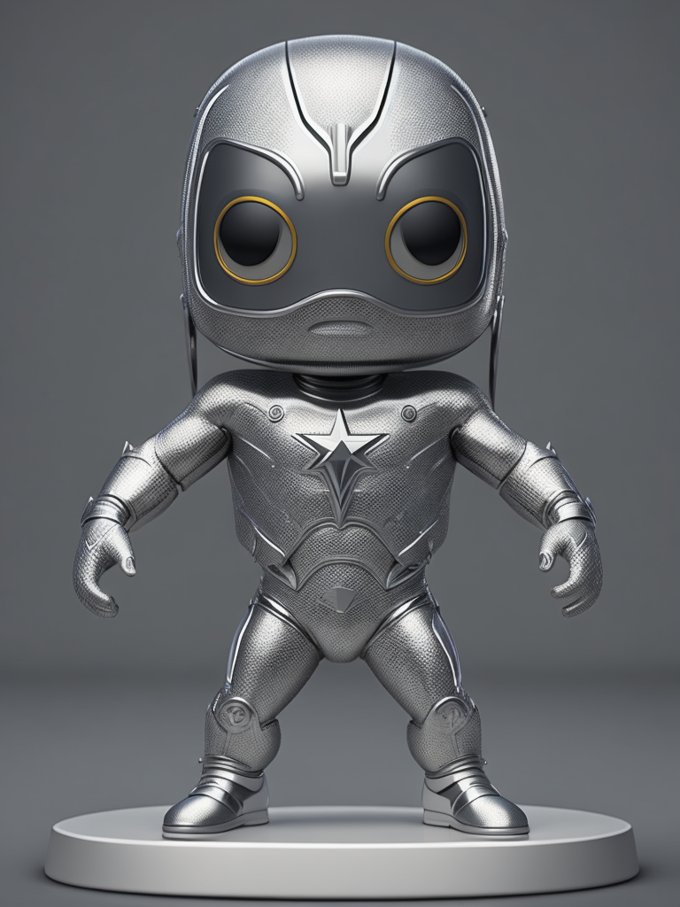 Intricate portrait of 3d render of funko pop of silver surfer, 8k, ultra realistic, whole wide shot