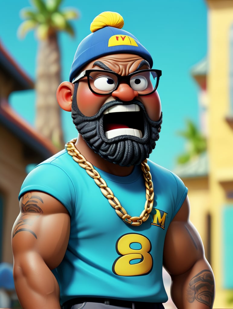 a simple Logo art of A furious, angry furious black crazy fat man ,box braids and cap, sunglasses ,gang member, gangsta 1990's, arms crossed , Loose clothes, royal bandana in your face and baseball jersey , Golden chain ,ultra realistic, intricate details , real colors , 8k , uhd, comic, gta san andreas style , A hood ghetto behind the central image rounded bandana background , Dragon Ball Z style vaporwave