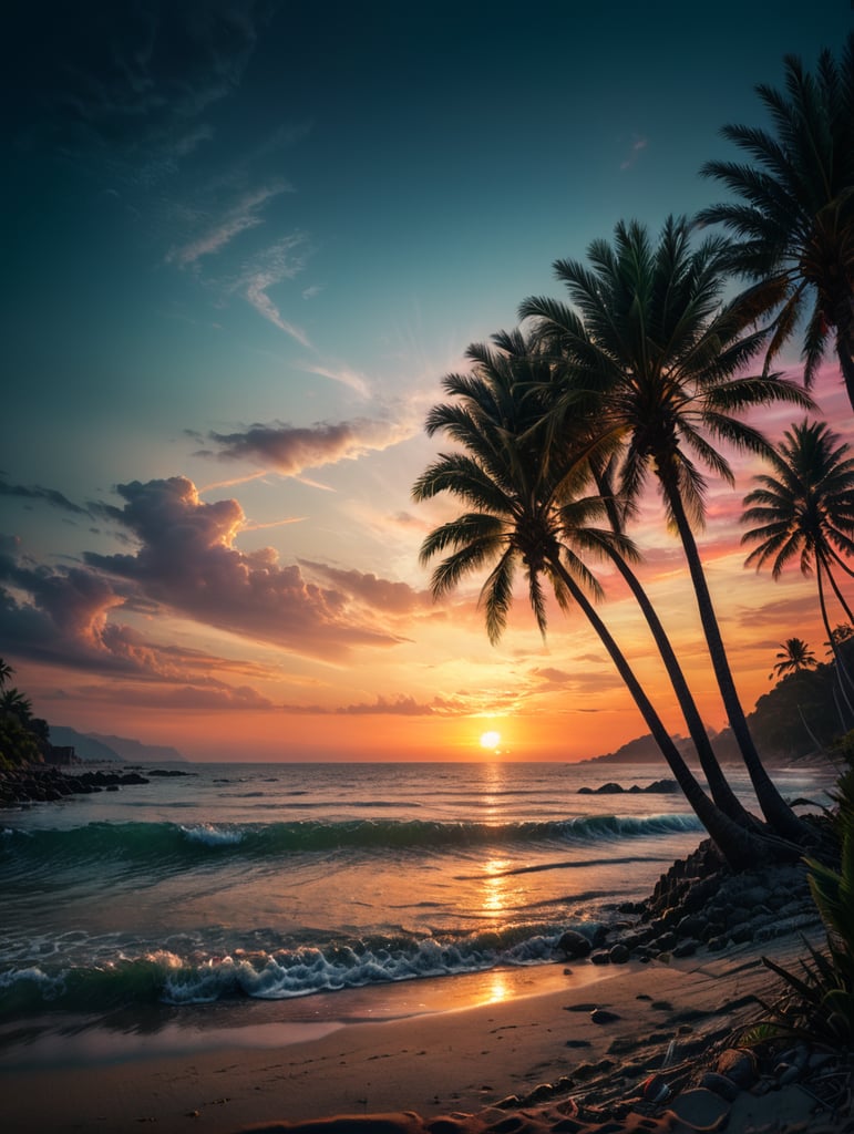 a beach with an unsharp background with sunset vibrant colors nature art scenic horizon skyline views artistic beauty colorful scenery nature photography sunset inspiration. A palm tree on the left side of the screen covering 1 3 of the screeen