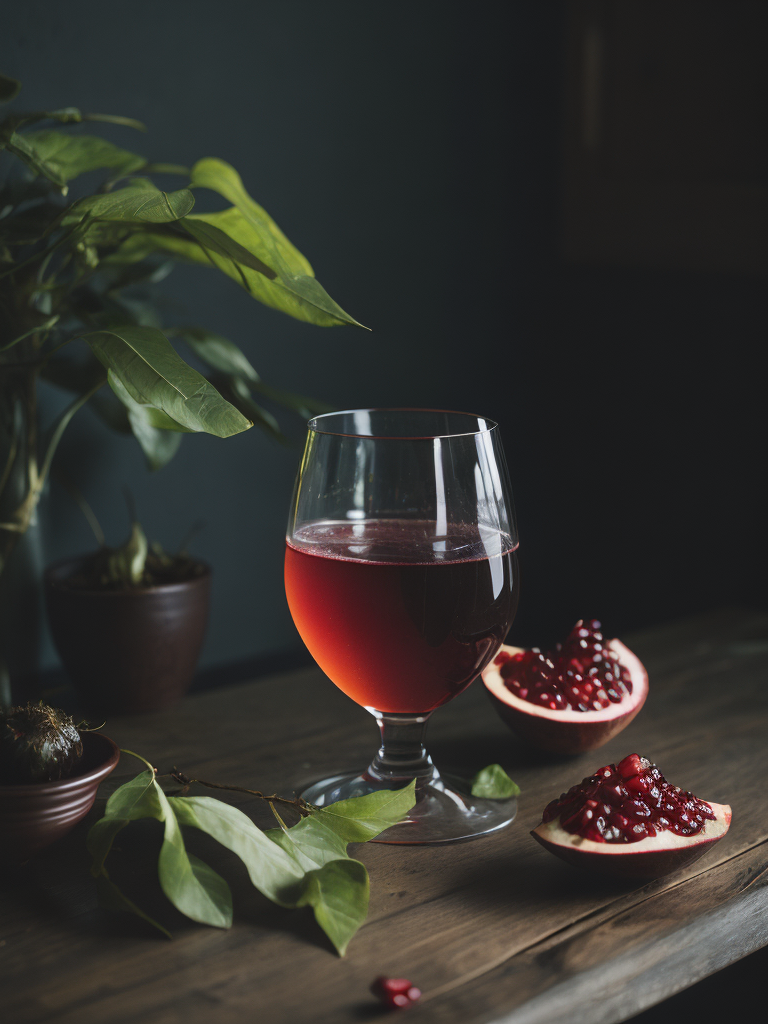 a glass of homemade pomegranate juices, green leaves and pomegranate on the table, deep colors, dark atmosphere