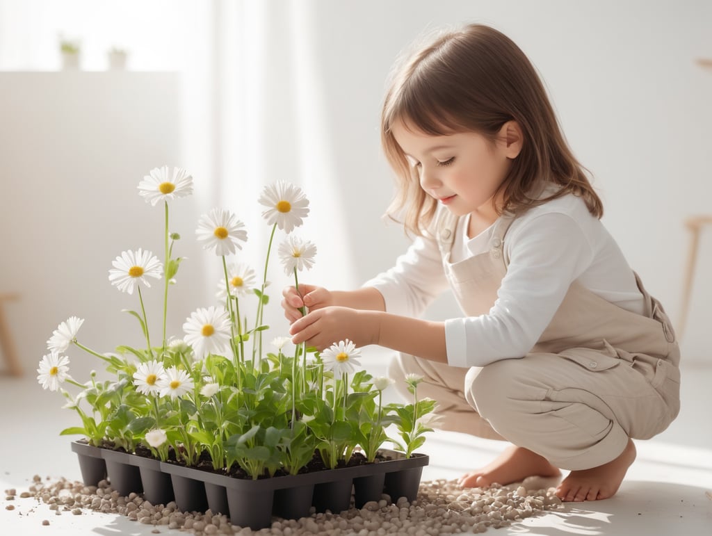 maza meitenīte stāda puķes