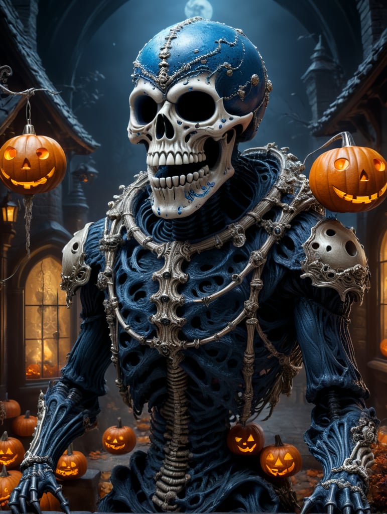 a blue yeti wearing a skeleton mask out trick or treating