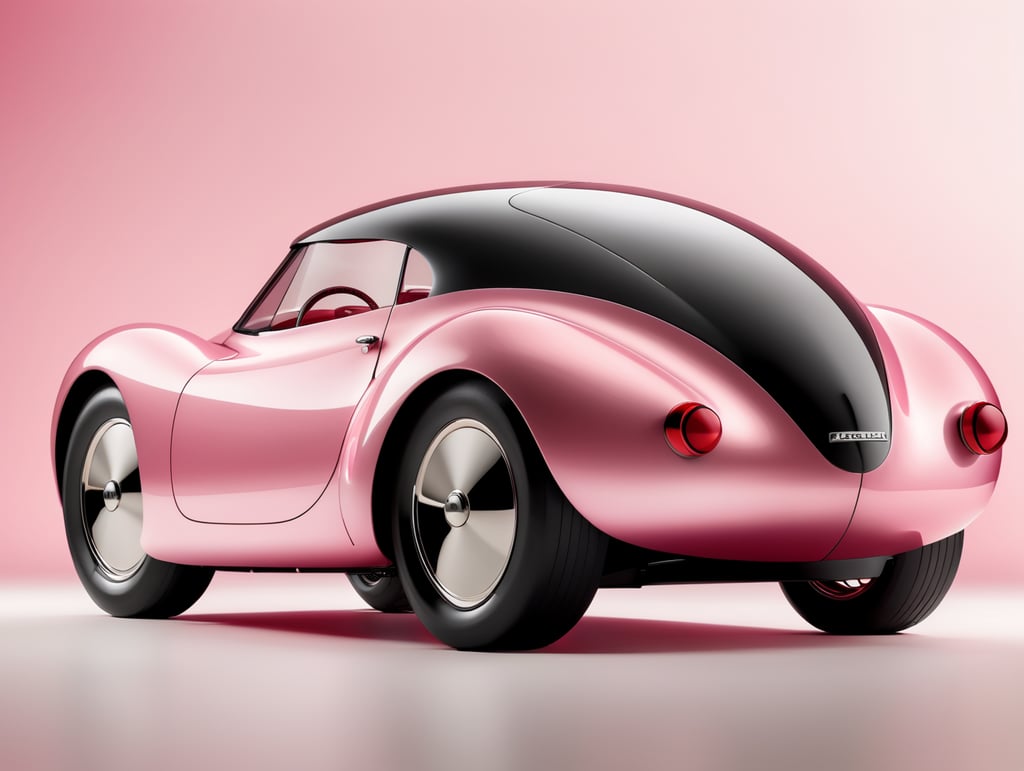 Summer light, design Charlotte Perriand, design philippe starck, art by jacques tati, a concept car futuristic 50'sshinny pink and deep red glossy Shiny, sporty, dynamic lines, chic streamlined bodywork with elegant curves, ceramic, gold posed on a wood socle, in a front of minimalist pasl plain background