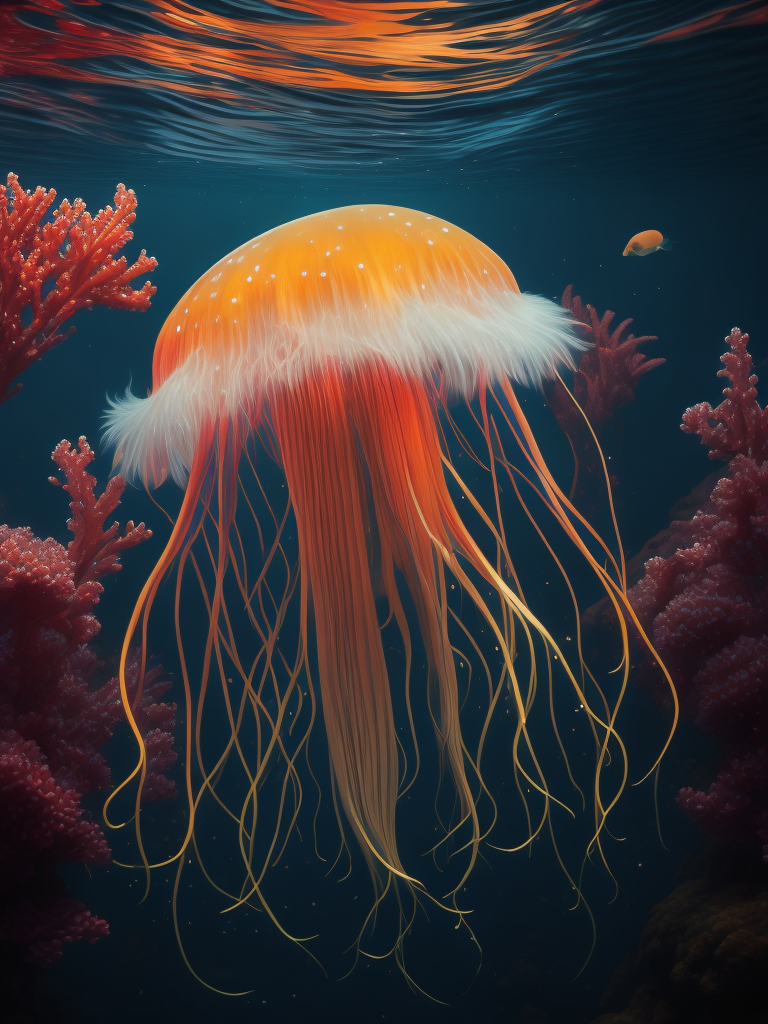 Neon jellyfish swimming in the sea against the background of corals and marine fauna, ultra realistic, super highly detailed,