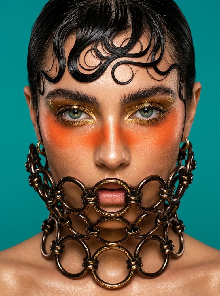 Close-up high-fashion portrait of a model against a solid vibrant teal background. Dark wet-look hair is sculpted into flat, rigid swirls on the forehead. Striking makeup features shimmering gold eyeshadow, thick arched brows, and a bold horizontal stripe of vivid orange blush across the cheeks. A curved metallic bronze collar composed of interconnected circular rings obscures the neck, chin, and lower lip. Studio lighting highlights the glowing skin and creates a high-contrast palette of warm golds and oranges against the cool blue environment. Tight framing focuses on the piercing green-blue eyes.