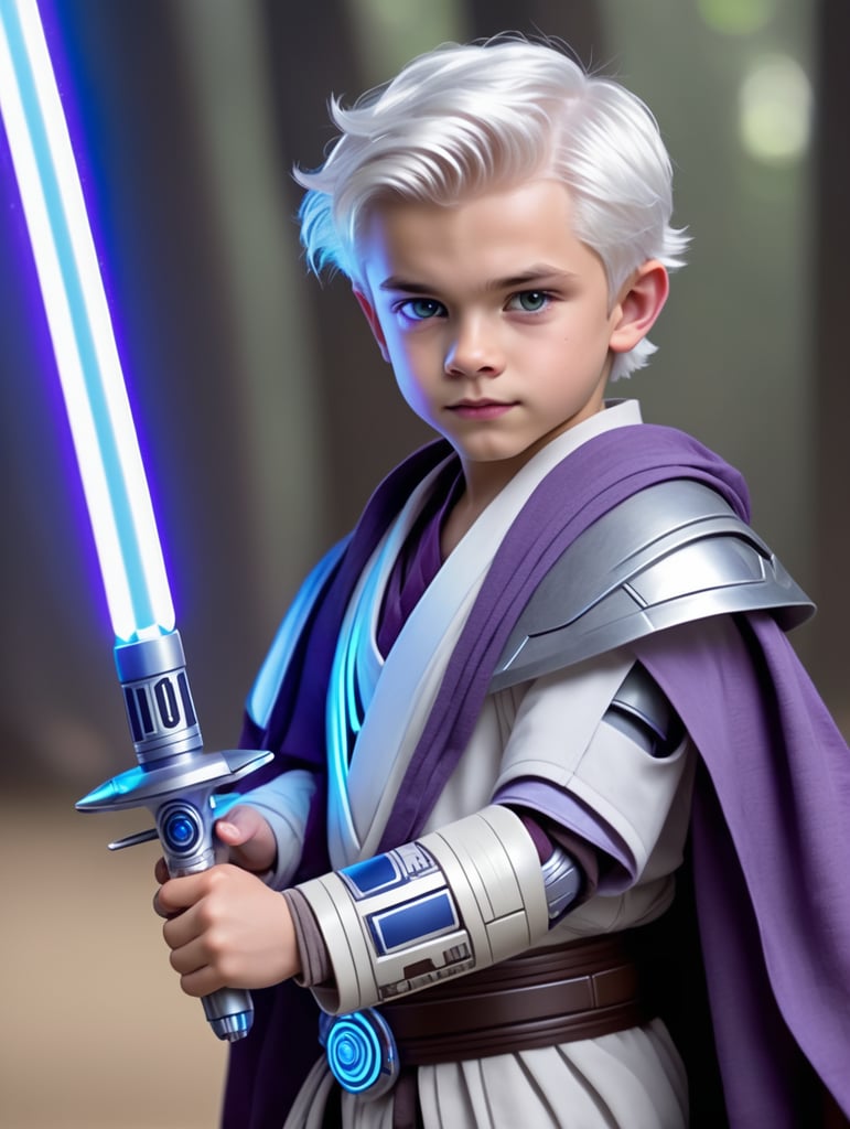 Star wars cute pale Padawan twink with white hair, cybernetic arm, and has a purple light saber and blue gray Jedi robes