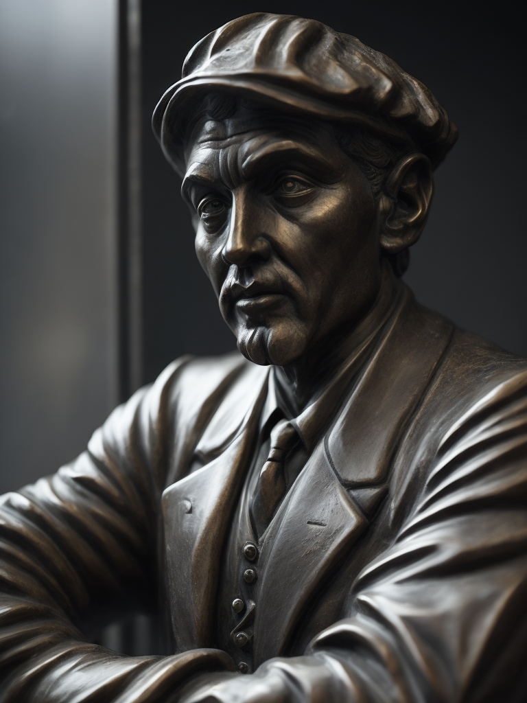 (((black marble statue))) of a english train worker, 1900, dark atmosphere, sharp on details