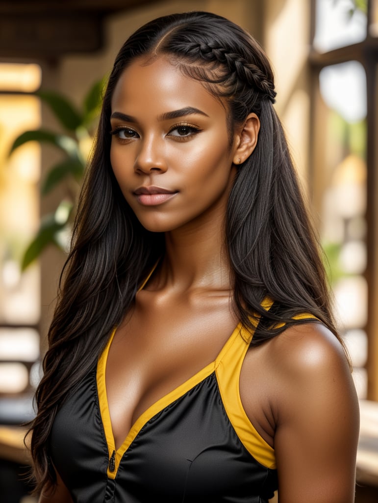 uma linda garota negra de cabelos lisos, compridos, pretos e espessos. ela usa uma trança e um lindo top amarelo com um decote e uma calça preta em um ambiente mexicano foto hiper realista e detalhada