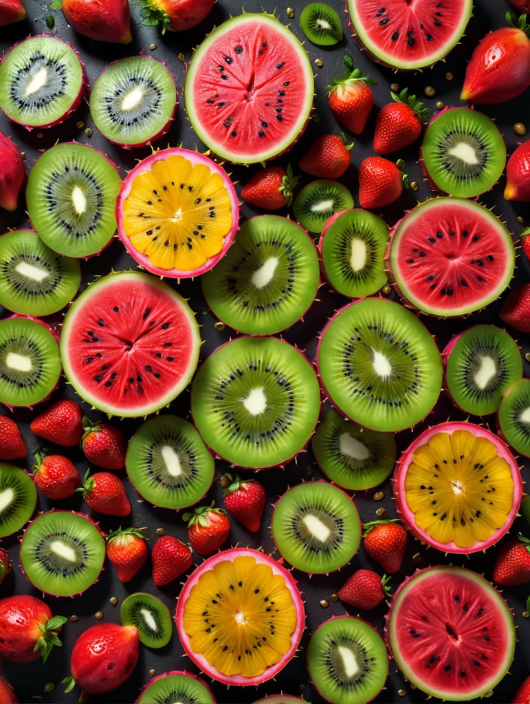 Colorful sliced fruit pieces, top view, watermelon, dragon fruit, kiwi, strawberry