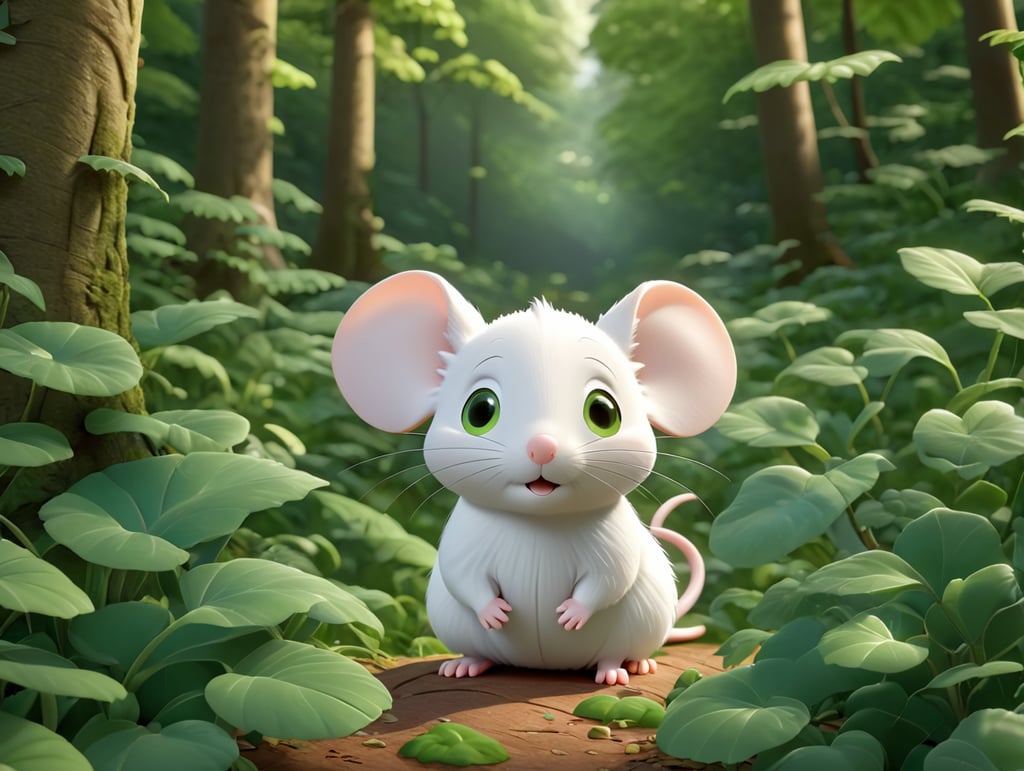 cute white mouse backwards in a green forest thick leaves lush trees nature scenery landscape.