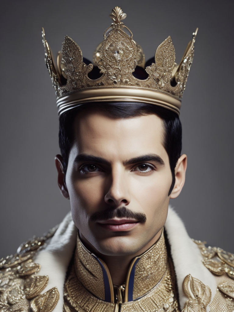 Portrait of Freddie Mercury wearing the Queen's crown, royal mantle, Vivid saturated colors, Contrast light, studio photo, professional photo, Detailed image, detailed face