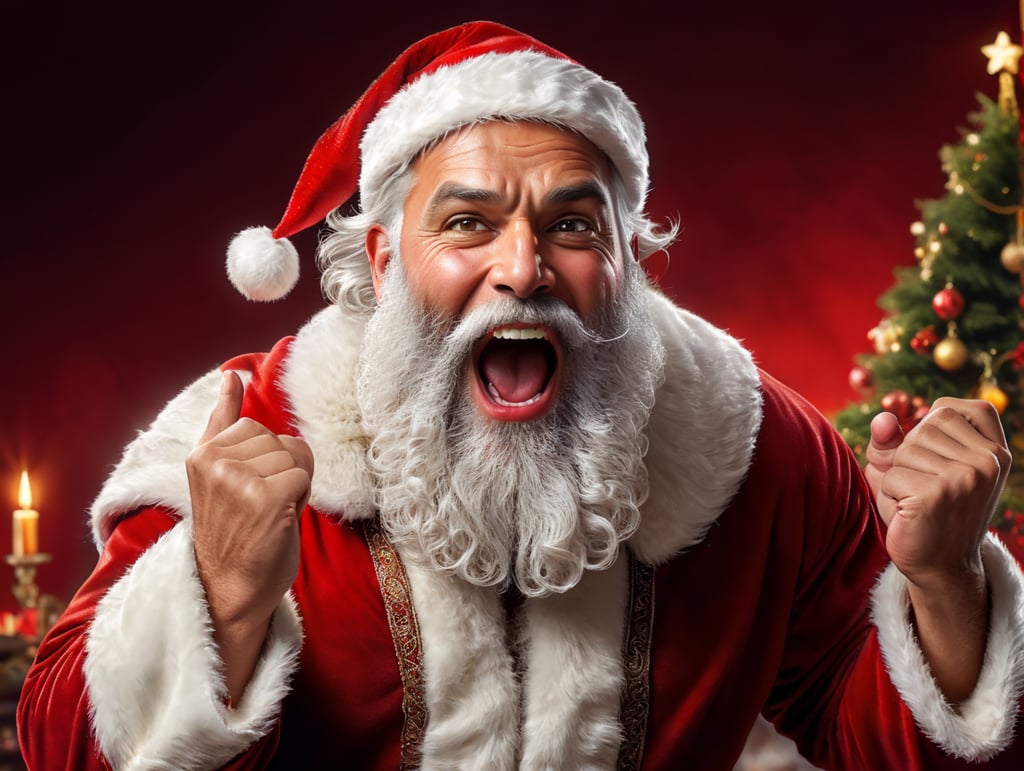 ultra handsome santa claus, white bearded man, middle eastern look, excited, happy, opening eyes and mouth, Bright red solid light color background, hairy chest, heavy beard