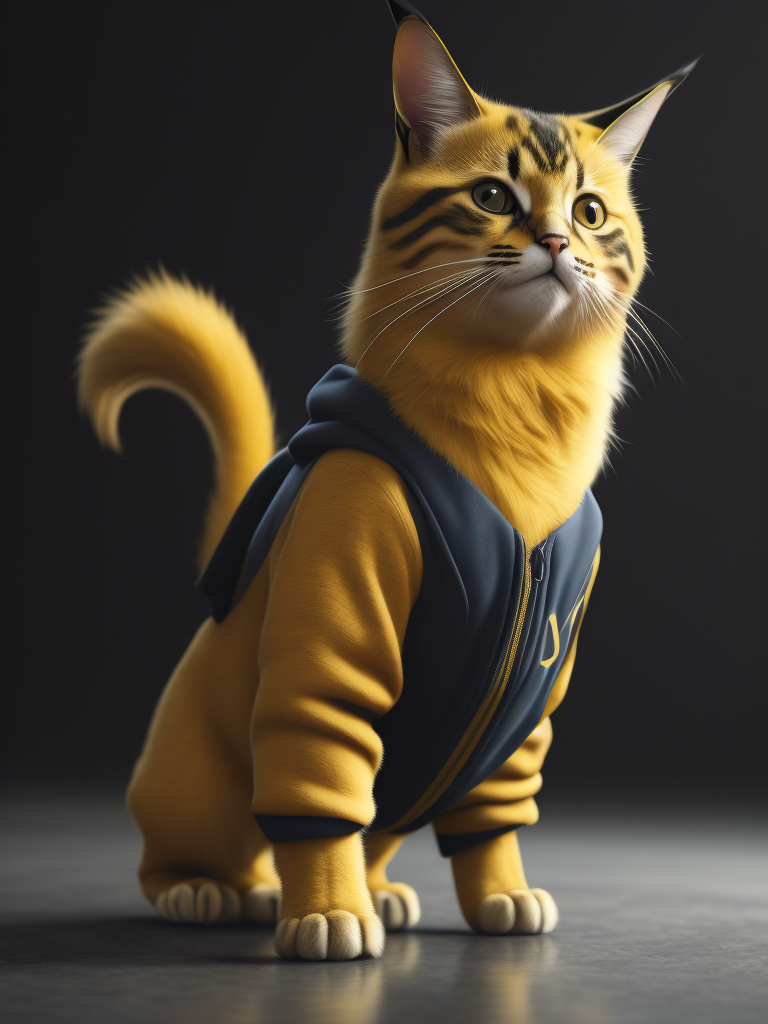 Photorealistic image of a Cat that looks like pikachu in a jumpsuit