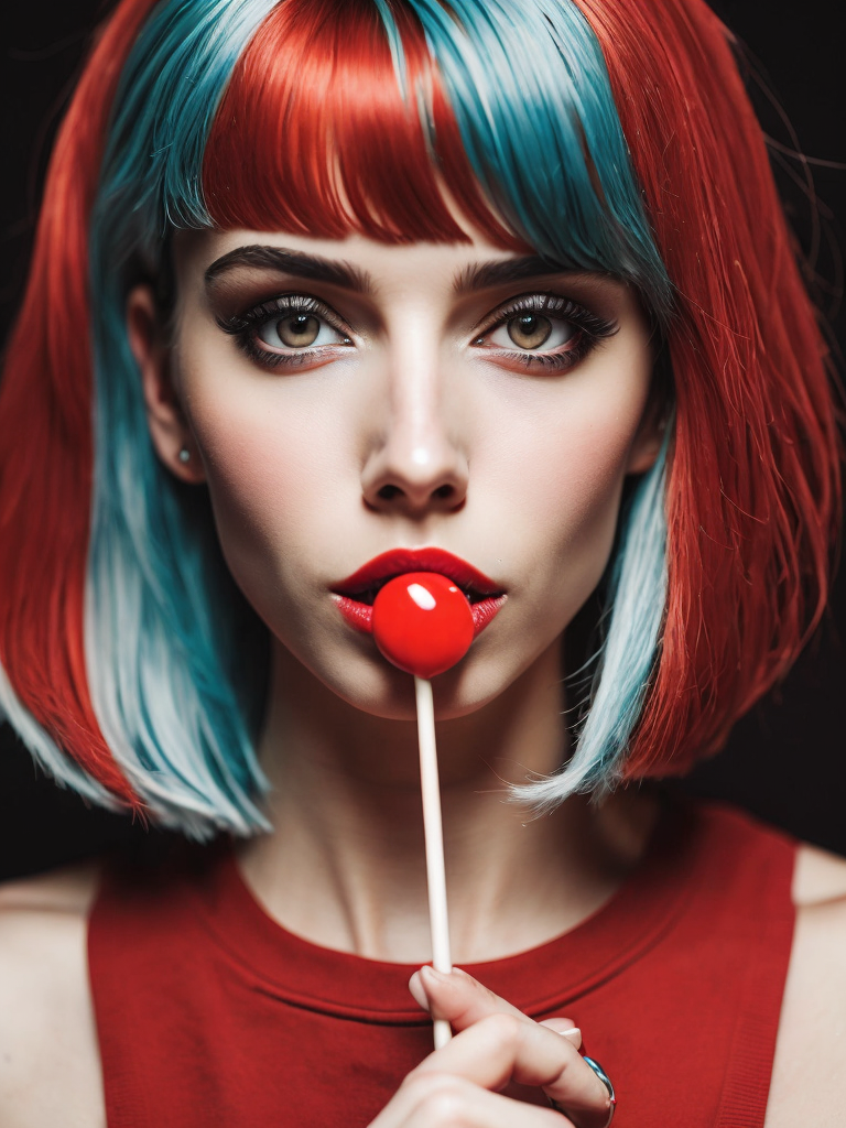 Photography of girl with a lollipop in her lips, face closeup, beauty girl in the style of Mary Quant, Vivid saturated colors, Contrast color, studio photo, professional photo, Rich colors, Detailed image, detailed face