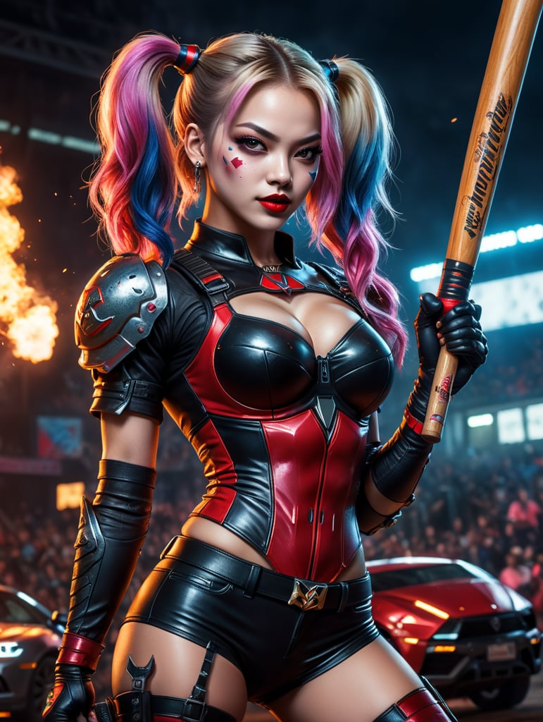 Blackpink Lisa as Harley Quinn with a baseball bat in her hands and a Lamborghini behind her