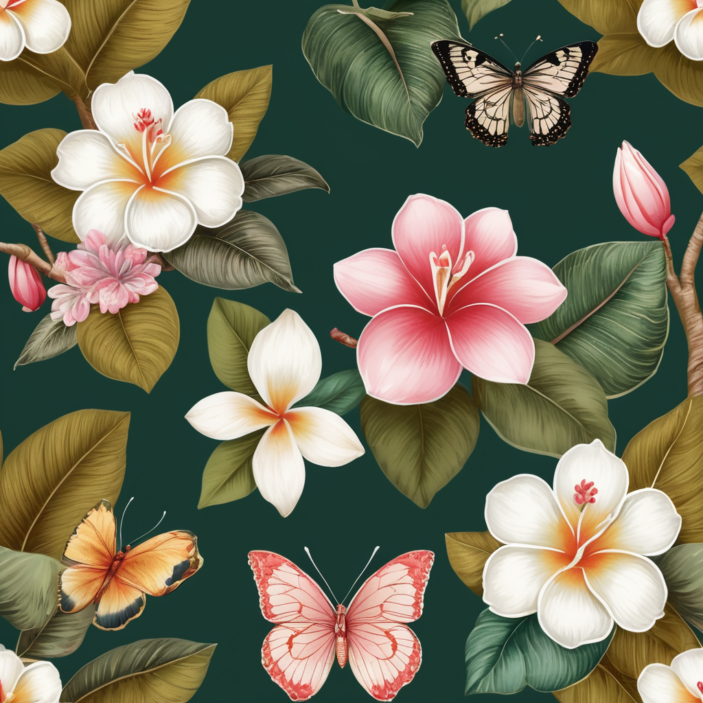 Oriental luxury floral patterns in the style of Balinese and Peranakan culture::1 trailing blousy Frangipani blooms::1.25 fabric [1 butterfly flying on a tree, Frangipani, botanical mango leaves, oriental floral] prints::5 opulent florals with an Indienne twist::olive colour:1 ostentatious feminity::1 repeating seamless pattern::4 patternbank::1 wide angle::2::flemish baroque::rococo --no watermark, text --v 4
