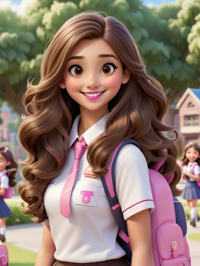 Menina de cabelos castanhos longos e ondulados, pele clara, olhos castanhos, sorriso feliz, com uniforme escolar , batom rosa e blush com mochila rosa e caderno na mão