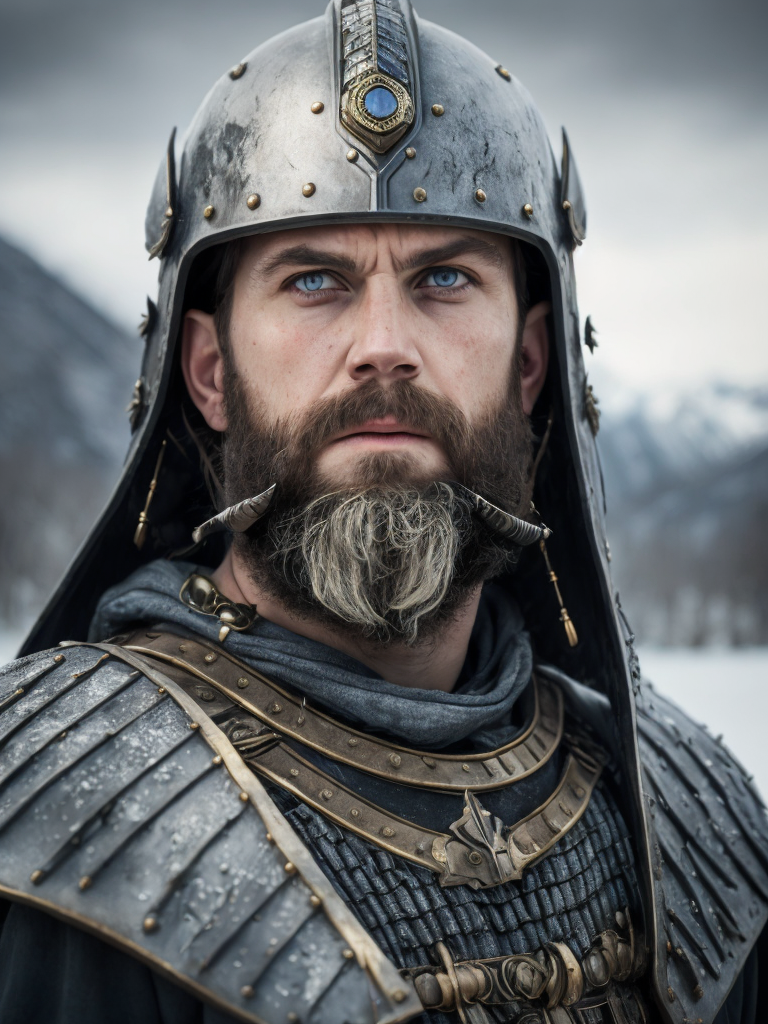 Portrait of a medieval Slavic warrior with a beard, wearing a helmet and chain mail, gray-blue eyes, a face stained with blood, against the backdrop of a winter landscape