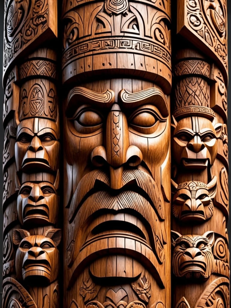 viking's wooden totem pole, viking faces carved, animals carved, traditional ornament around