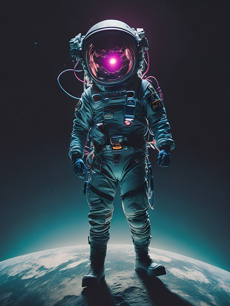 astronauta perdido en el espacio, con un halo de luz magenta que le traspasa el visor del casco, la imagen es de cuerpo completo retro futurista