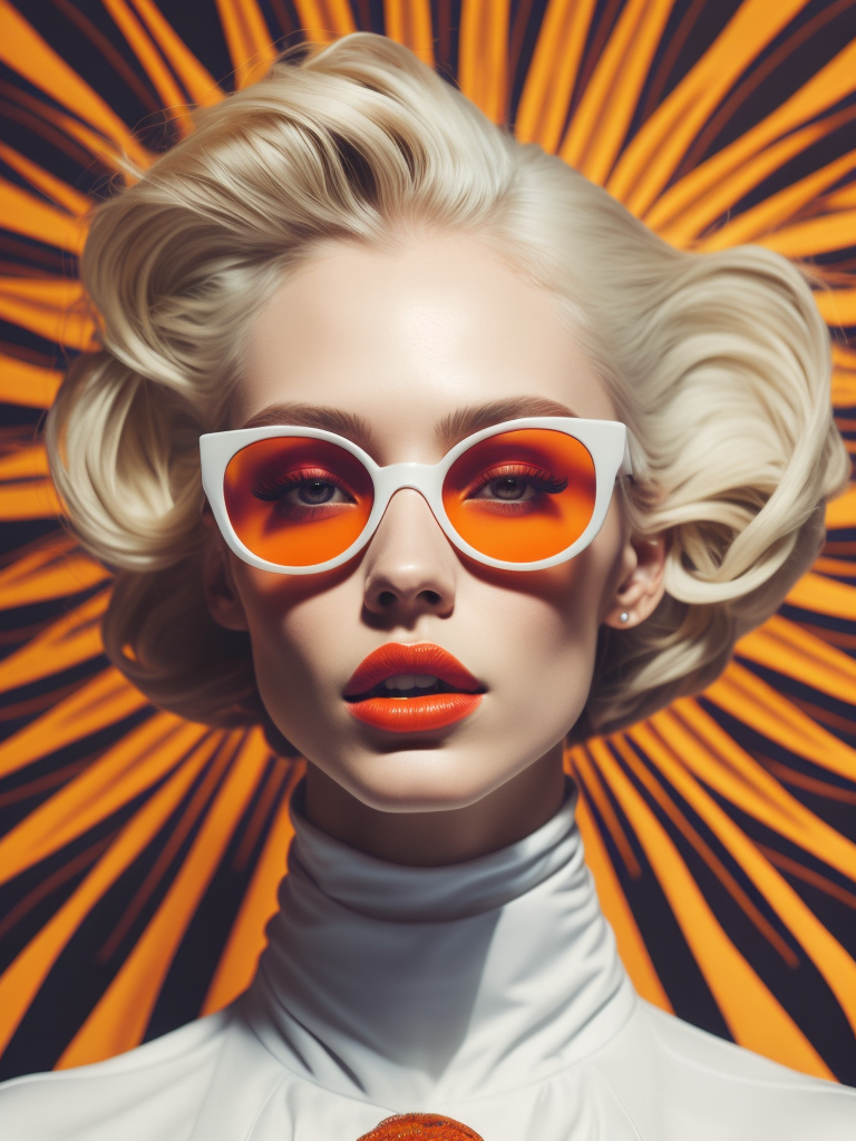 Pale-skinned girl model, wearing a high-necked dress, contrast lighting, white sunglasses with red-orange lenses, red lips, blonde hair in a bob style, dark background with orange-red rays, fashion model, magazine cover, professional shot,