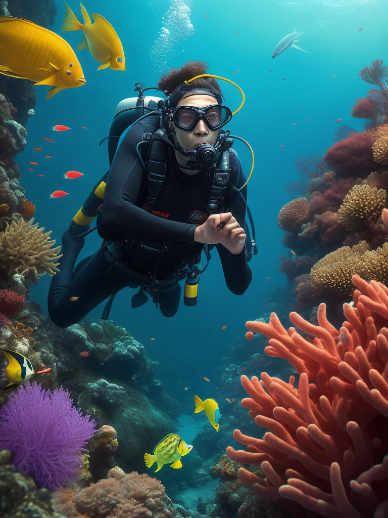 Scuba Diver in magical underwater scene with colorful coral reefs and exotic fish