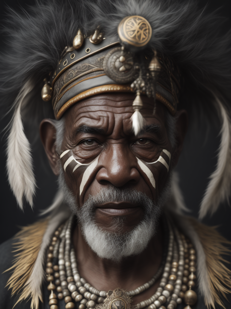 Portrait of a black elderly male shaman, gray beard, muted tones, black background